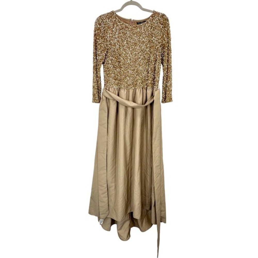 Pisarro Nights Beaded Bodice‎ Taffeta A-Line Gown Sequin Embellished Light Mocha - Picture 3 of 12